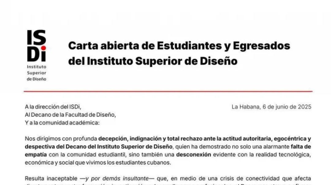 Estudiantes y egresados del Instituto Superior de Diseño exigen la renuncia del decano en carta abierta