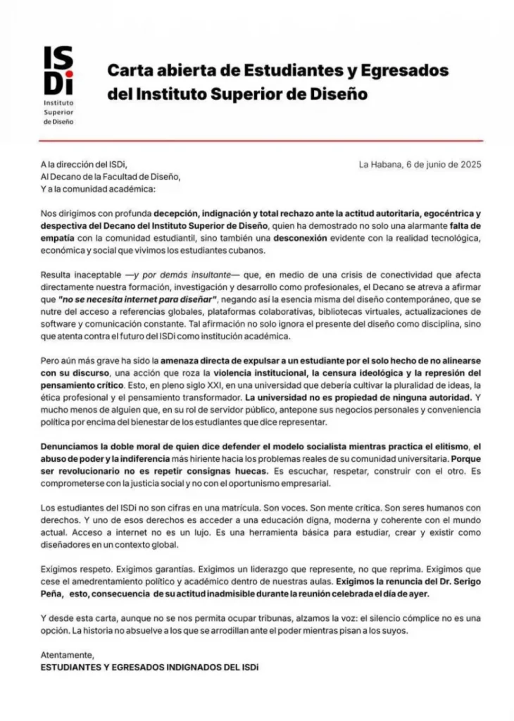 Carta abierta de Estudiantes y Egresados del ISDI